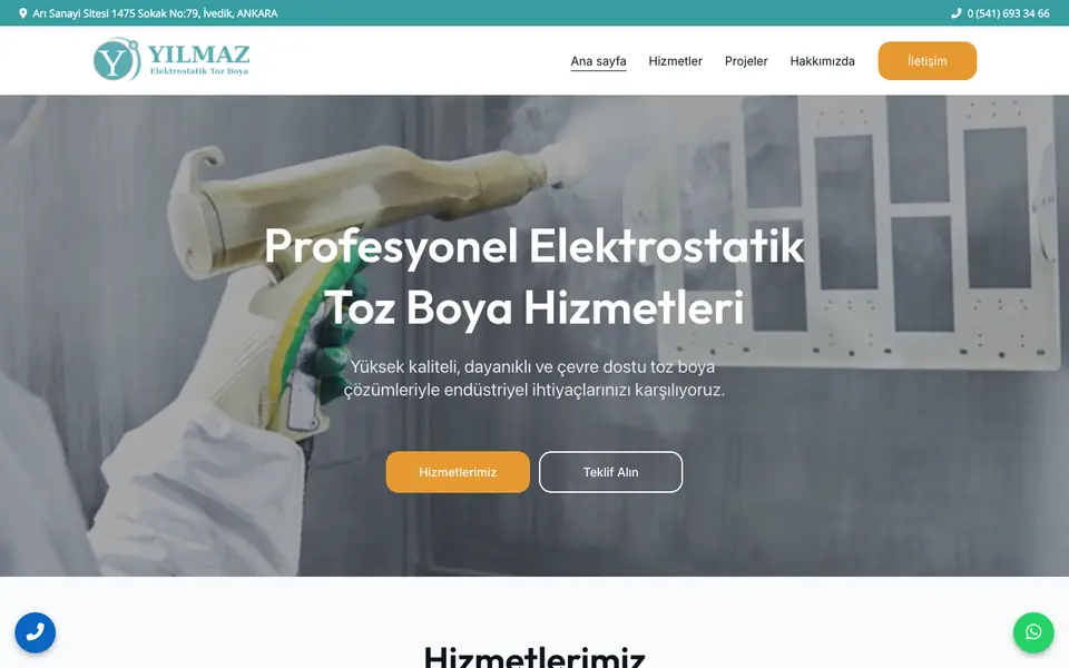 Yılmaz Elektrostatik web sitesinin ana sayfası