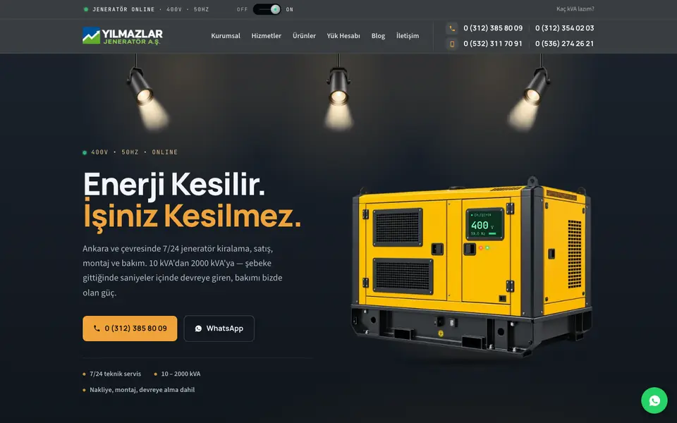 Yılmazlar Jeneratör web sitesinin ana sayfası