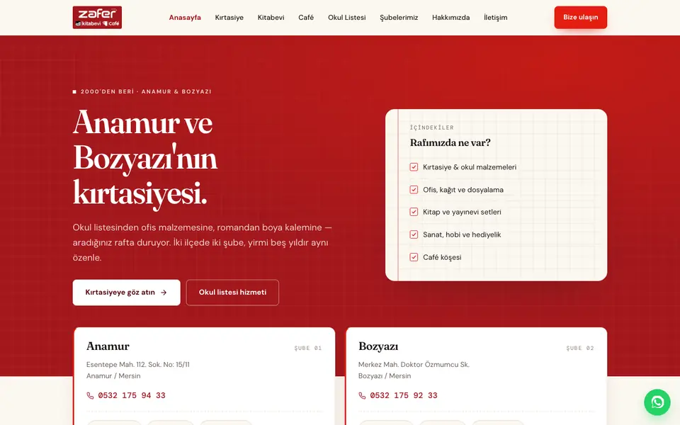 Zafer Kitabevi & Café web sitesinin ana sayfası